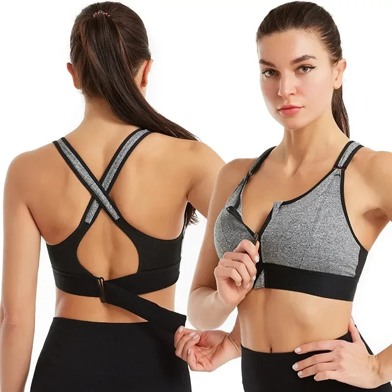 Customizable High Impact Sports Wear Adjustable Front Zipper Sports Bra Shockproof Without Steel Ring Vest Cross Back Brassiere