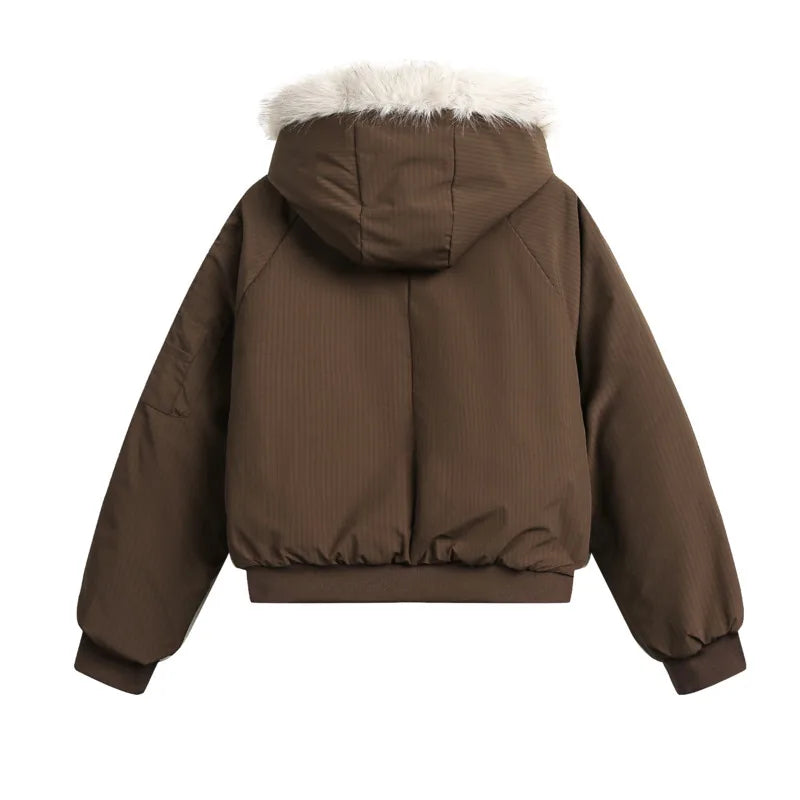 Winter Warm Fur Collar Hooded Quilted Padded Jacket Trend New Brown Loose Causal Short Style Cotton-padded Coat