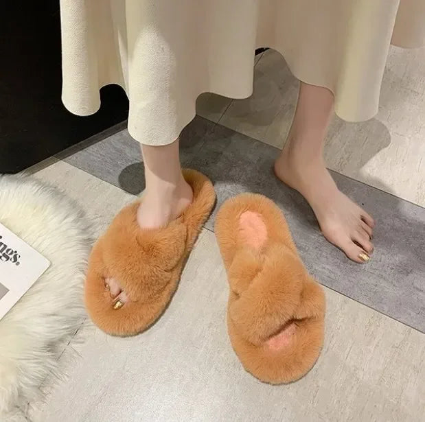 Fashion One Word Thick Fur Slippers Double Fur Slippers Casual Home Cotton Shoes for Women Flat Plush Cross Straps Slippers