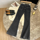 New High Waist Trousers Loose Washed Jeans Pockets Slim Denim Flare Classic Women Vintage Stretch Straight Trousers All-match