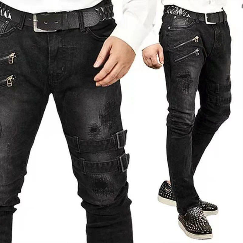 Street Skinny Ripped Jeans Men Denim Cargo Pants Wash Solid Color Casual Mid Waist Trousers Slim Daily Wear Joggers Y2K Clothing