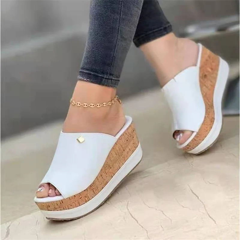 Slippers Summer Clogs Wedges  Retro Fish Mouth Large Size Sandals Women High Heel Platform Solid Color Plus Size Shoes Sandalias