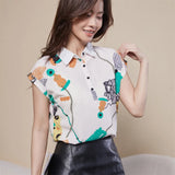 Women's Spring Summer Style Chiffon Blouses Shirt Lady Casual Short Sleeve Turn-down Collar Printed Casual Loose Tops