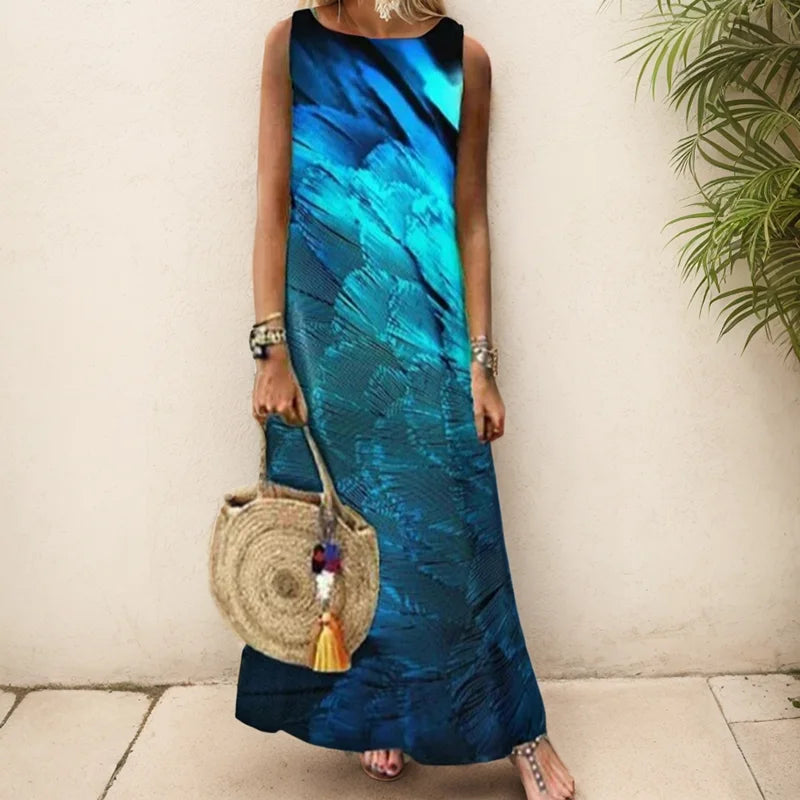 Elegant Printed O-Neck Sleeveless Women Dress Fashion Summer Loose Casual Beach Long Dresses Ladies Boho Maxi Dress Vestidos