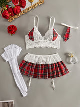 Ellolace Plaid Cosplay Lingerie Sexy Student Uniform Seductive Bra Crotchless No Thongs Sissy Ensemble Costume For Sex Outfits