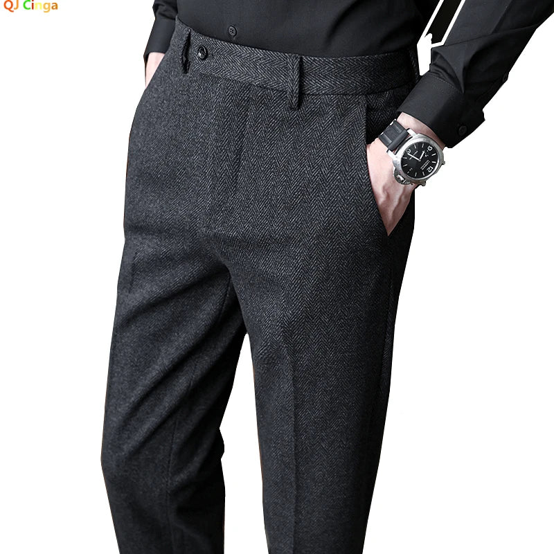 QJ CINGA New Grey Men's Woolen Pants, Autumn/Winter Thick Trousers Men, Slim Business Pantalones Hombre Fashion Slacks