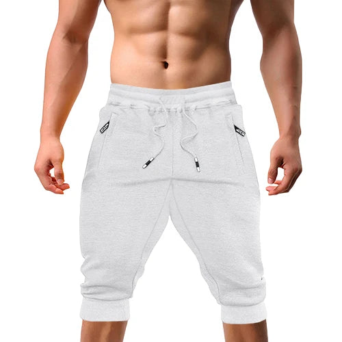 Casual Shorts 3/4 Jogger Capri Pants Men's Breathable Below Knee Outdoor Sports Gym Fitness Shorts with Zipper Pockets