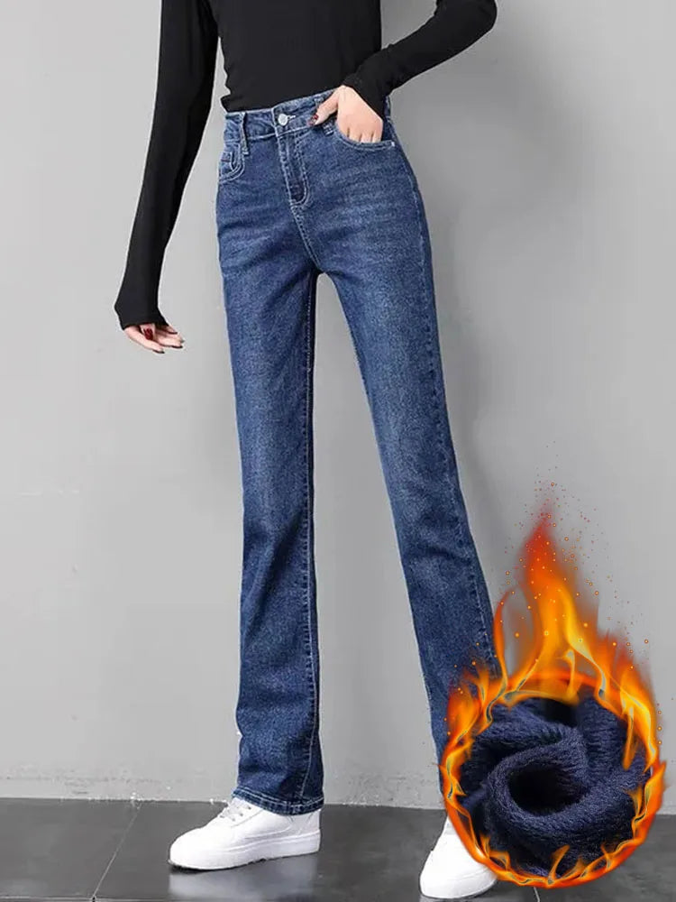 Winter Plush Velvet Lined Warm Jeans Hight Waist Women Thick Denim Pants Slim Straight Oversized 80kg Causal Korean New Vaqueros