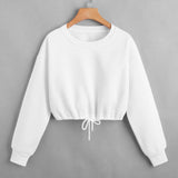 Women Long Sleeve Sweatshirt Fashion Solid Crop Top Soft Daily Loose Drawstring Hem Womens O-Neck Trendy Basic Femme Pullovers