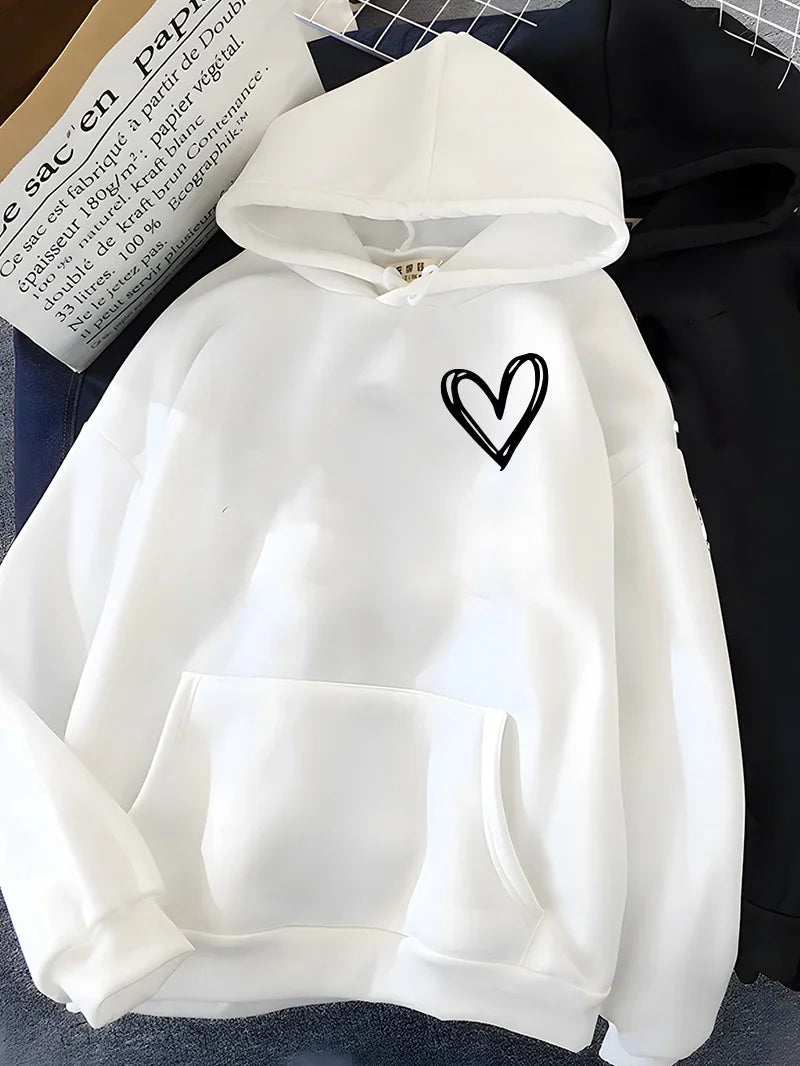 Simplic Heart Print Women Sweatshirt Soft Casual Loose Vintage Female Hoodies Winter Warm Fleece Student Tops