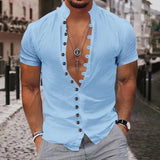 Fashionable men's new 13 button short sleeve cotton linen shirt casual beach style street top