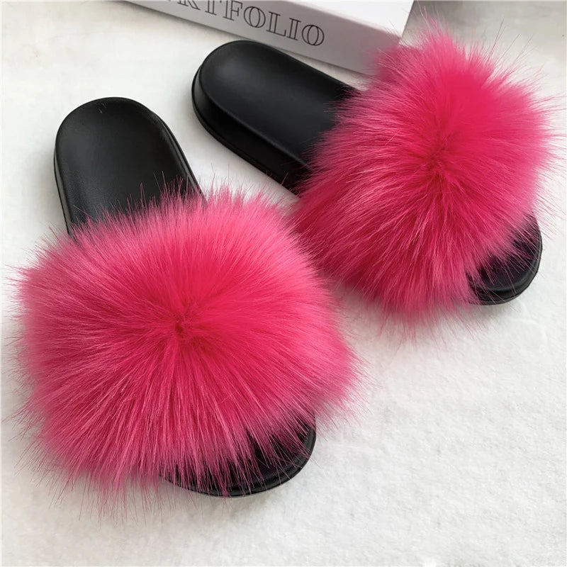 Summer Faux Fur Slippers Women Indoor Furry Fur Slides Female Plush Flip Flops Flats Sandals Casual Fluffy Slipper House Shoes