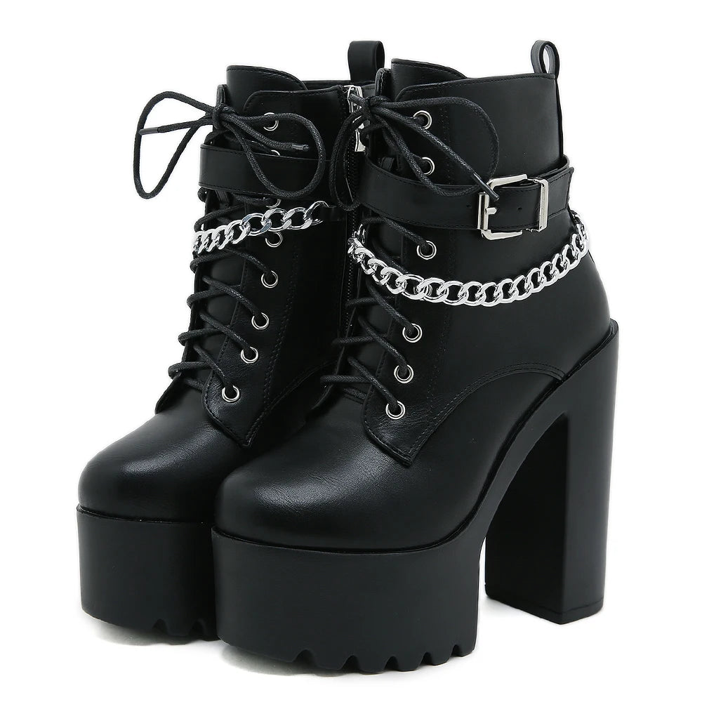 Gdgydh Women's Chain Decor Block Heeled Boots Fashion Lace Up Side Zipper Platform Boots Stylish Ankle Boots High Heels