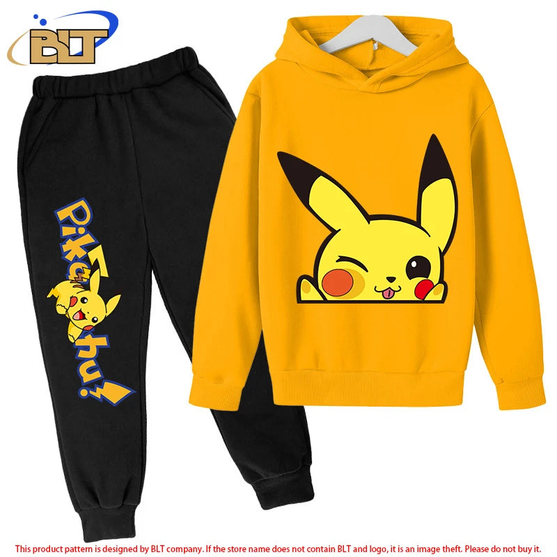 Pikachu children's fleece hoodie set yellow sports sweatshirt pants two-piece suit for boys and girls