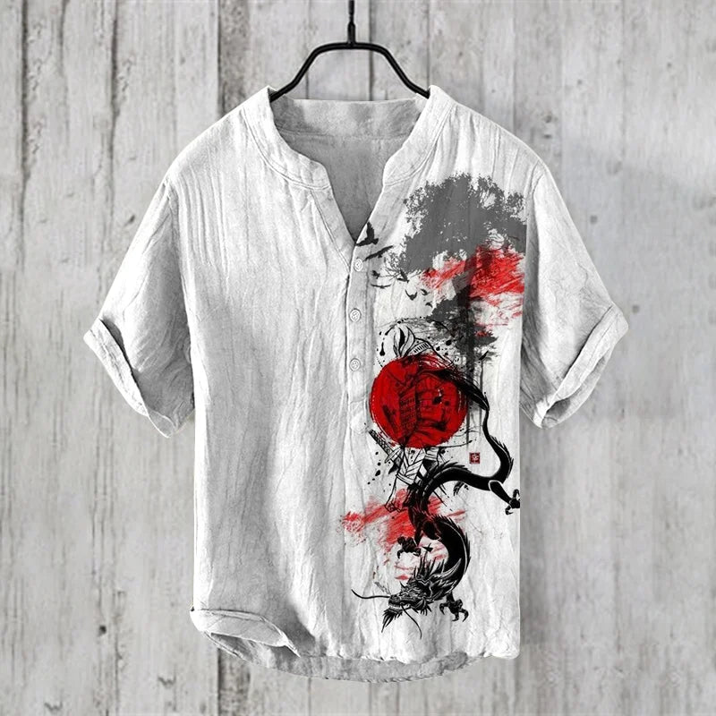 Fashion retro distressed linen breathable men's shirt men's clothing art illustration print fashion v-neck henley men's shirt