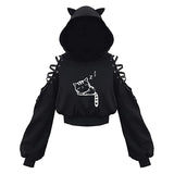 Y2k Gothic Womens Hoodie Cat Ear Crop Top Hooded Sweatshirt Hollow Out Lace Up Long Sleeve Hodded Casual Pullover Autumn