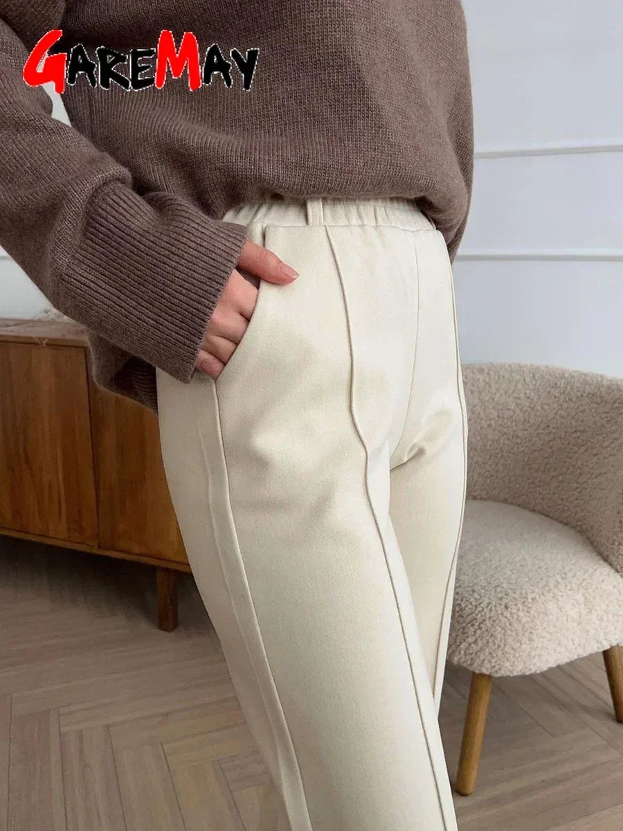 Women's Winter Pants Thick Warm Loose Classic Long Wide Leg Trousers Thermal Brown Beige Wool Long Pants for Women