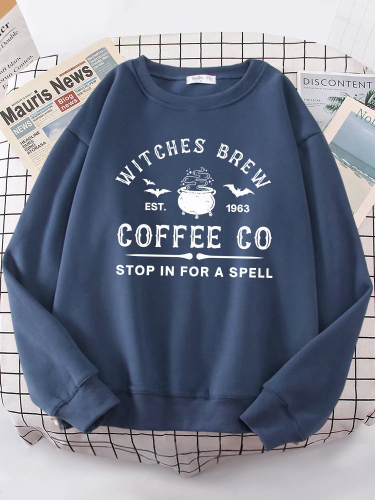 Witches Brew Coffee Letter Printing Simple Solid Color Letter Printing Womens Sweatshirts Long Sleeves Warm Pullover Clothes