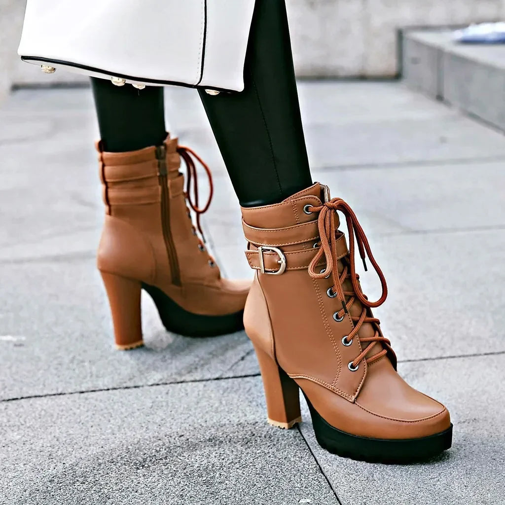 High Heels Women Ankle Boots Lace Up Fall Winter Platform Ladies Boots Large Size Fashion Shoes White Black Brown