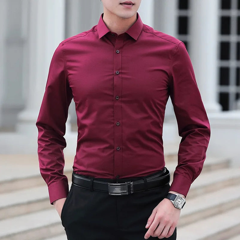 Men's Solid color Business Casual Formal shirt Fashion classic slim solid color long sleeve shirt no ironing social high quality