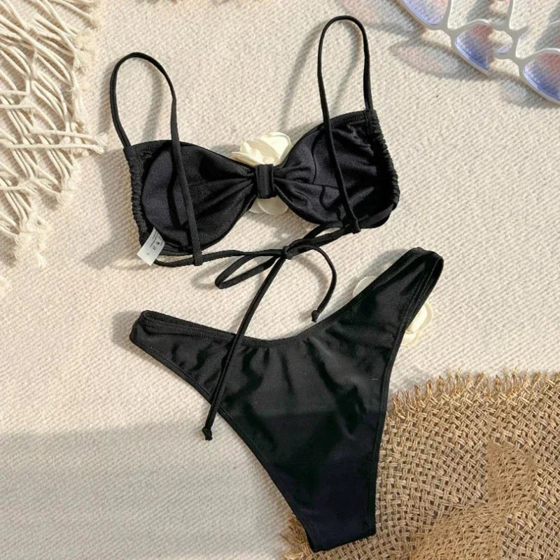 Sexy Flower Bandeau Swimwear Thong Bikini Women Lace-up Swimsuit Swimming Bathing Suit Brazilian Bikinis Sets Mujer Biquini