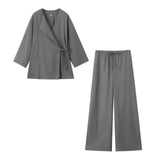 TRAFZA Women's Summer Fashion Linen Solid Color Shirt Set Belted Cardigan Kimono Top + High Waist Women's Pleated Pants 2-piece