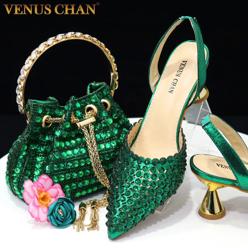 Venus Chan High Heels for Lady Luxury Designer Green Color Full Diamond Pointed Toe Wedding Shoe and Bag Set for Party