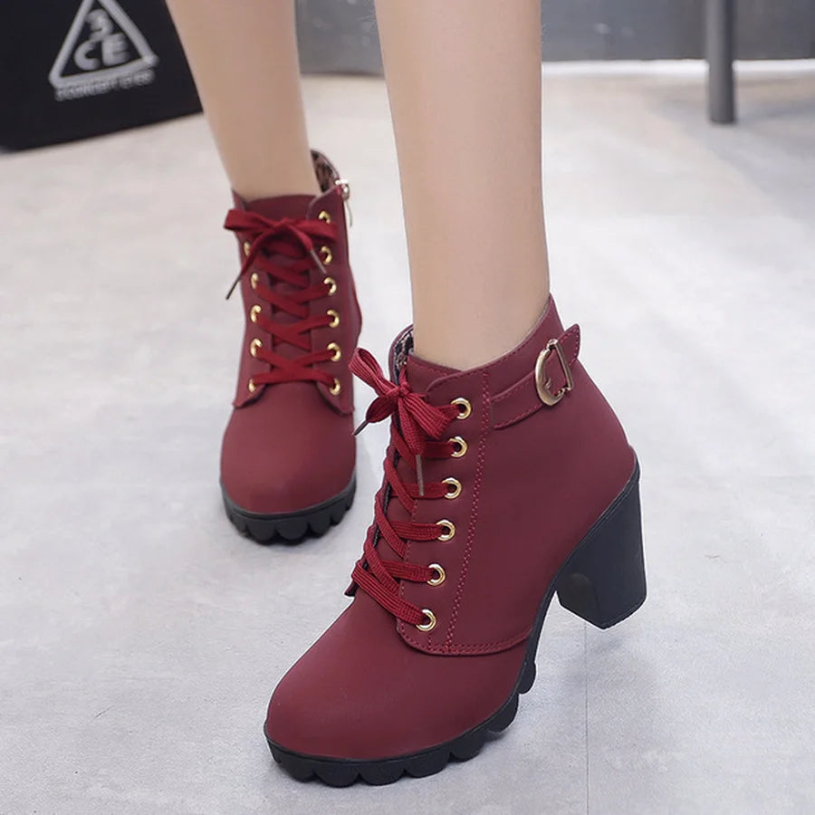 New Spring Winter Women Pumps Boots High Quality Lace-up European Ladies Shoes PU High Heels Boots Fast Delivery