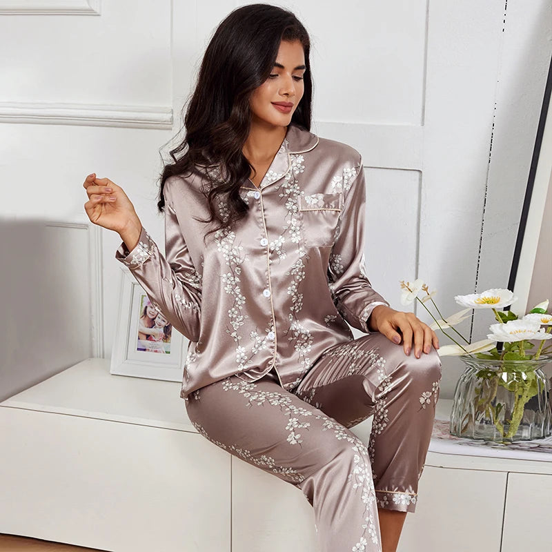 Spring Autumn pajama women Silk Satin pajamas set Long sleeve Shirt with Trouser Sleepwear Loungewear Female Pyjamas Suits Mujer