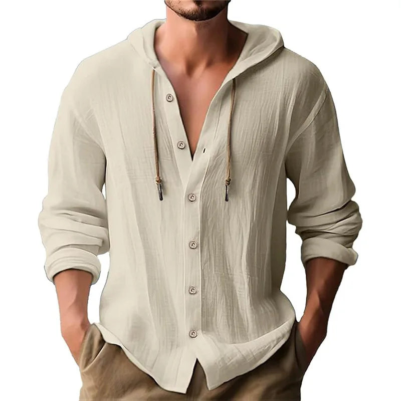 Men's solid color casual shirt, hooded drawstring cotton and linen cardigan, trendy and versatile loose beach T-shirt