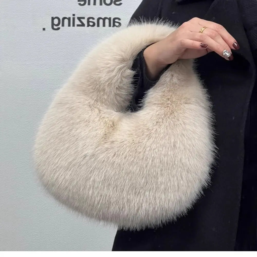 Luxury Soft Plush Half Moon Bag Faux Fur Fluffy Lady Handbags Female Winter Purse Party Clutch Bag Casual Tote Bag