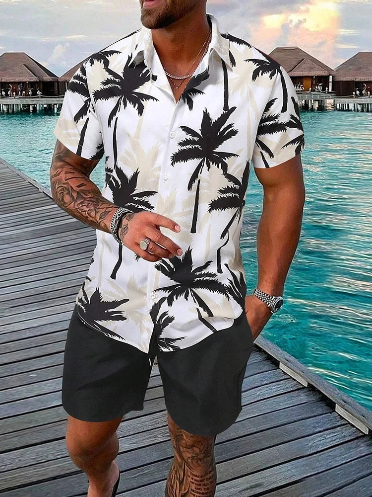 Men's Short-sleeved Shirt And Beach Shorts Set Hawaiian Vacation Men's Casual Shirt Summer Stylish And Comfortable Men's Shorts