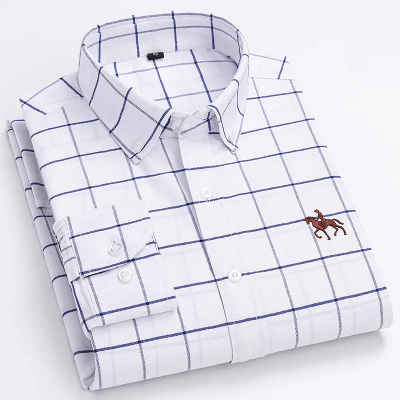 100% Cotton Oxford Shirt Men's Long Sleeve Embroidered Horse Casual Without Pocket