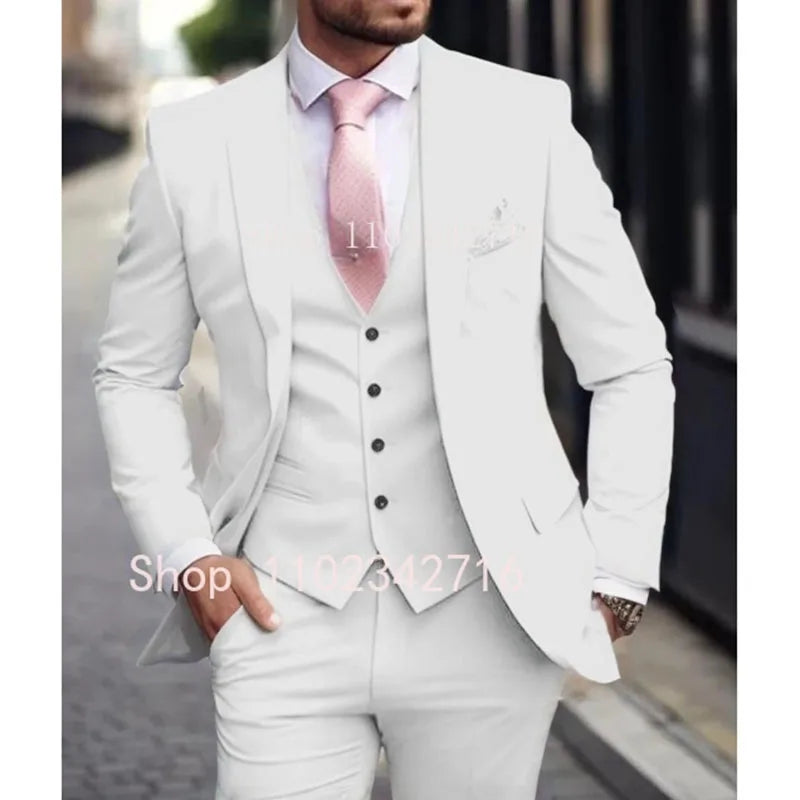 Pink Luxury Men Suits Terno Slim fit 3 Piece Jacket Pant With Vest Groom Wedding Tuxedo Costume Homme Formal Occasion Terno