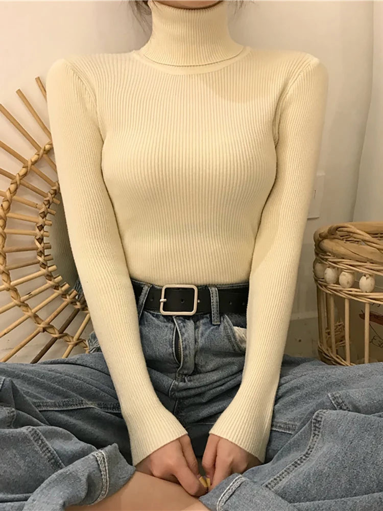 Women Autumn Winter Turtleneck Sweater Vintage Solid Basic Knitted Tops Casual Slim Pullover Korean Fashion Simple Chic Jumpers