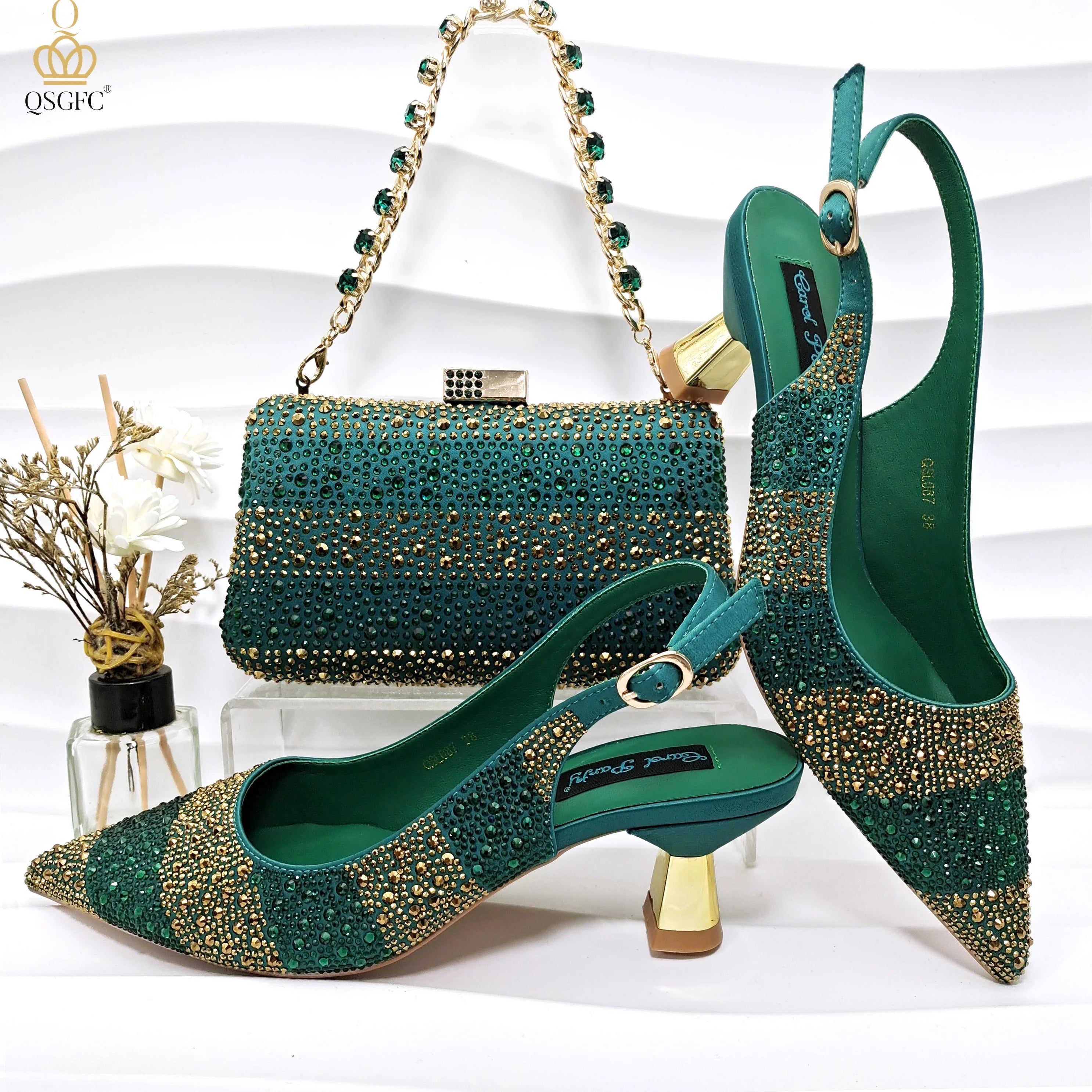 Women Heel Party Ladies Italian Design Green Shoes And Bag Set Decorated with Rhinestone Handbag Wedding Party