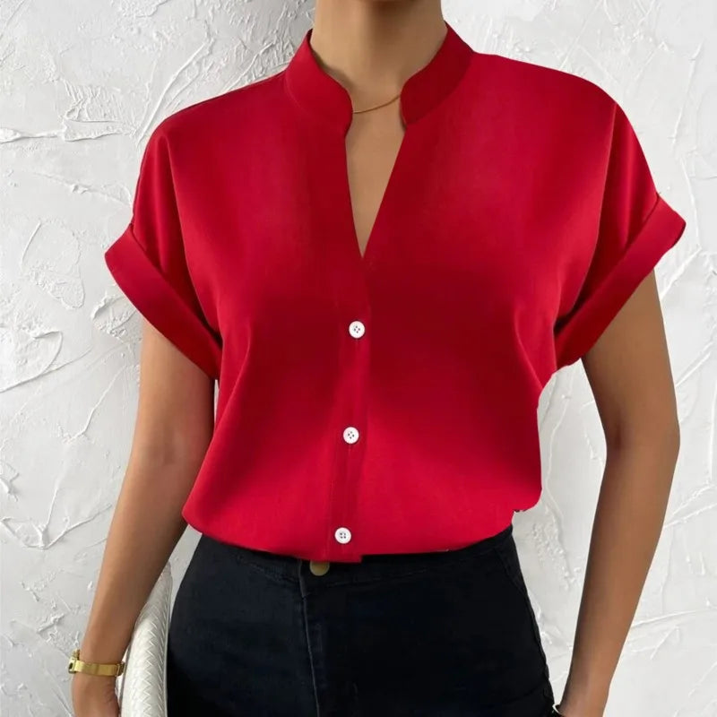 Summer Minimalist Women's V-neck Shirt Elegant Women's Satin Red Short Sleeved Single Breasted Casual Fitting Office Shirt