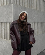 Fashion Vintage Burgundy Red Faux Leather Jacket Casual Padded Sleeve Oversized Overcoats Winter Lady Commute Street Outerwears