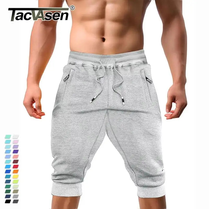 Casual Shorts 3/4 Jogger Capri Pants Men's Breathable Below Knee Outdoor Sports Gym Fitness Shorts with Zipper Pockets