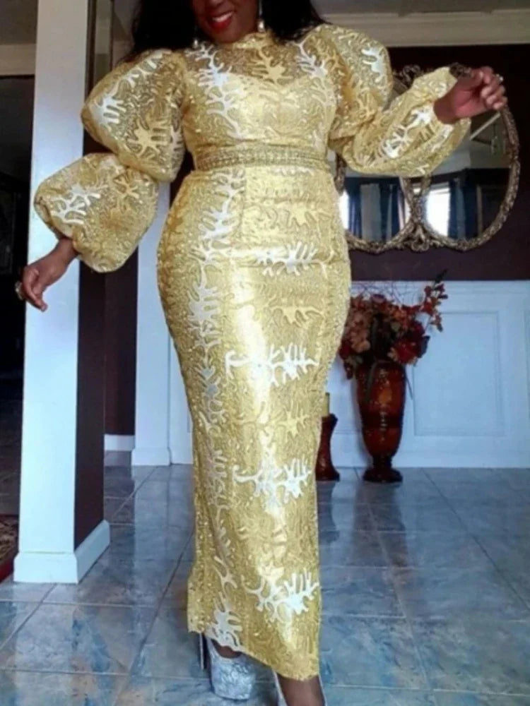 Gold Embroidery Sequin Dresses for Women Stand Collar Cute Puff Long Sleeve Luxury Midi Dress Modest Chic Party Event Gowns