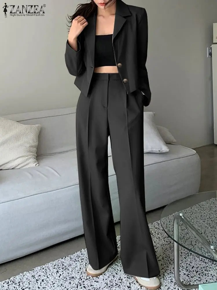 Elegant Blazer Suits Solid Fashion Matching Sets Long Sleeve Tops Wide Leg Pants Vintage Casual Tracksuit Work Suit