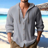 Men's Solid Color Casual Long Sleeved Shirt With Hood And Drawstring Cotton And Linen Cardigan Fashionable Daily Versatile Top