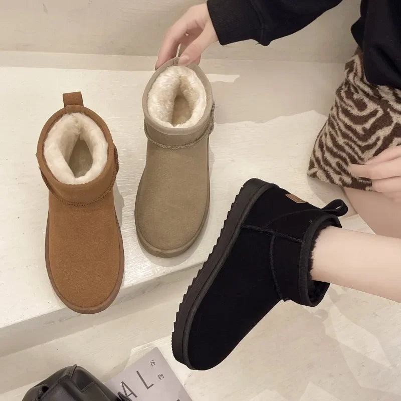 New Snow Boot Style Short Mini Winter Sheepskin Boots Women Waterproof Natural Wool Ankle Boots Fur Lined Ankle Warm Flat Shoes