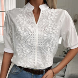 Summer Floral Embroidery Lace Blouse Fashion Women V Neck Casual Shirt Chic Short Sleeve Hollow Out Tops Elegant Blusas