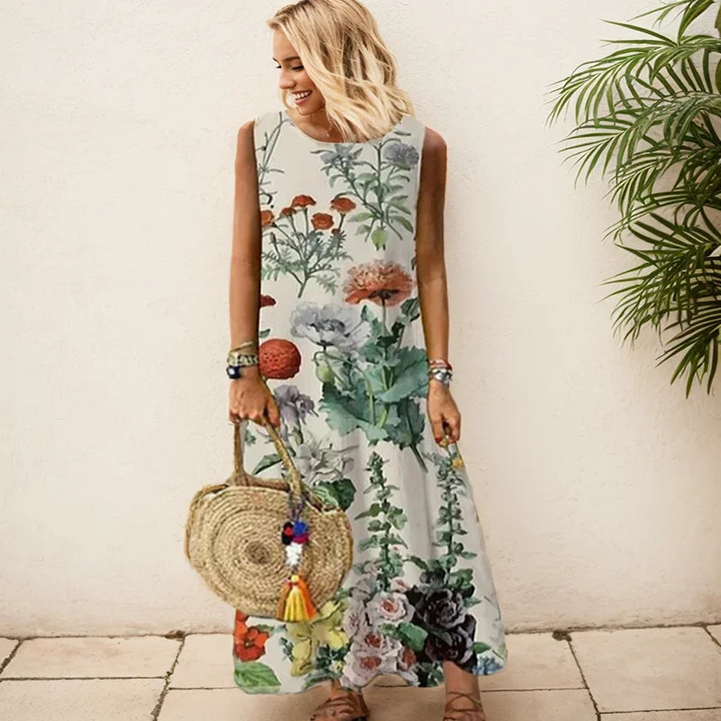 Elegant Printed O-Neck Sleeveless Women Dress Fashion Summer Loose Casual Beach Long Dresses Ladies Boho Maxi Dress Vestidos