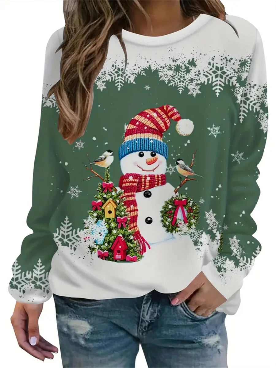 Christmas snowman print autumn and winter women's long-sleeved round neck casual pullover large size sweatshirt