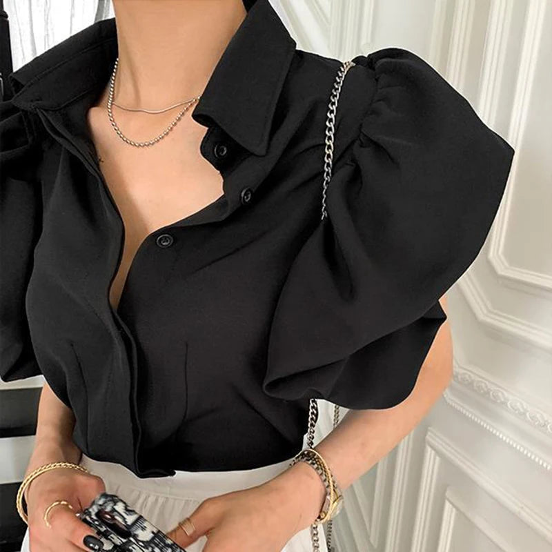 Women Chiffon Black Shirts Summer Fashion Elegant Puff Sleeve Tops Korean All Match Female Casual Blouse New