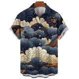 Shanhaijing Ukiyoe Waves and Clouds Printed Men's Short-sleeved Shirt Casual Daily Summer Fashion Street Trend Tops Oversized