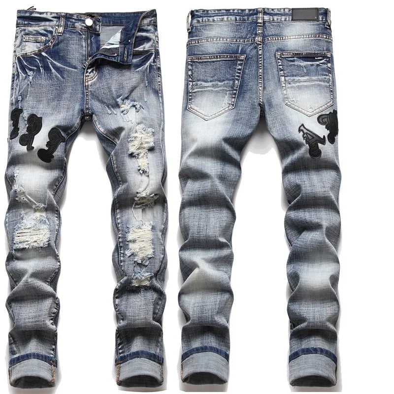 High Street Stretch Embroidery Men’s Jeans Ripped Streetwear Jeans Punk Style Pants for Man Slim Fashion Small Feet Men's Jeans