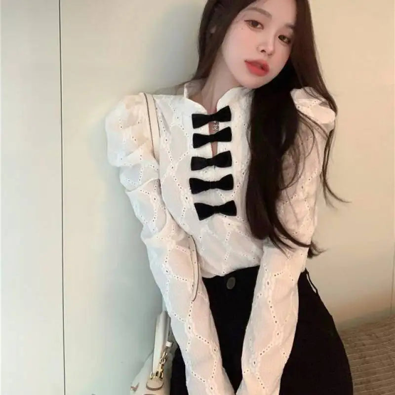 Women's shirt French bow design sense small long sleeve shirt spring and autumn new slim lace top